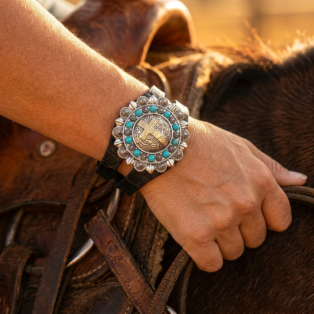 Bohemian Silver Turquoise Floral Leather Bracelet