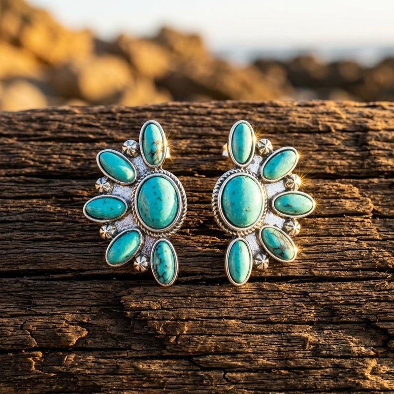 Boho Silver Turquoise Oval Earrings