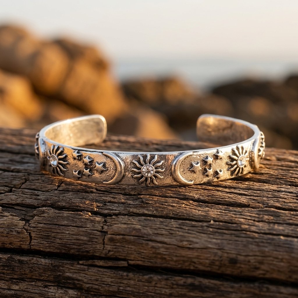 Retro Silver Embossed Sun Moon Bracelet