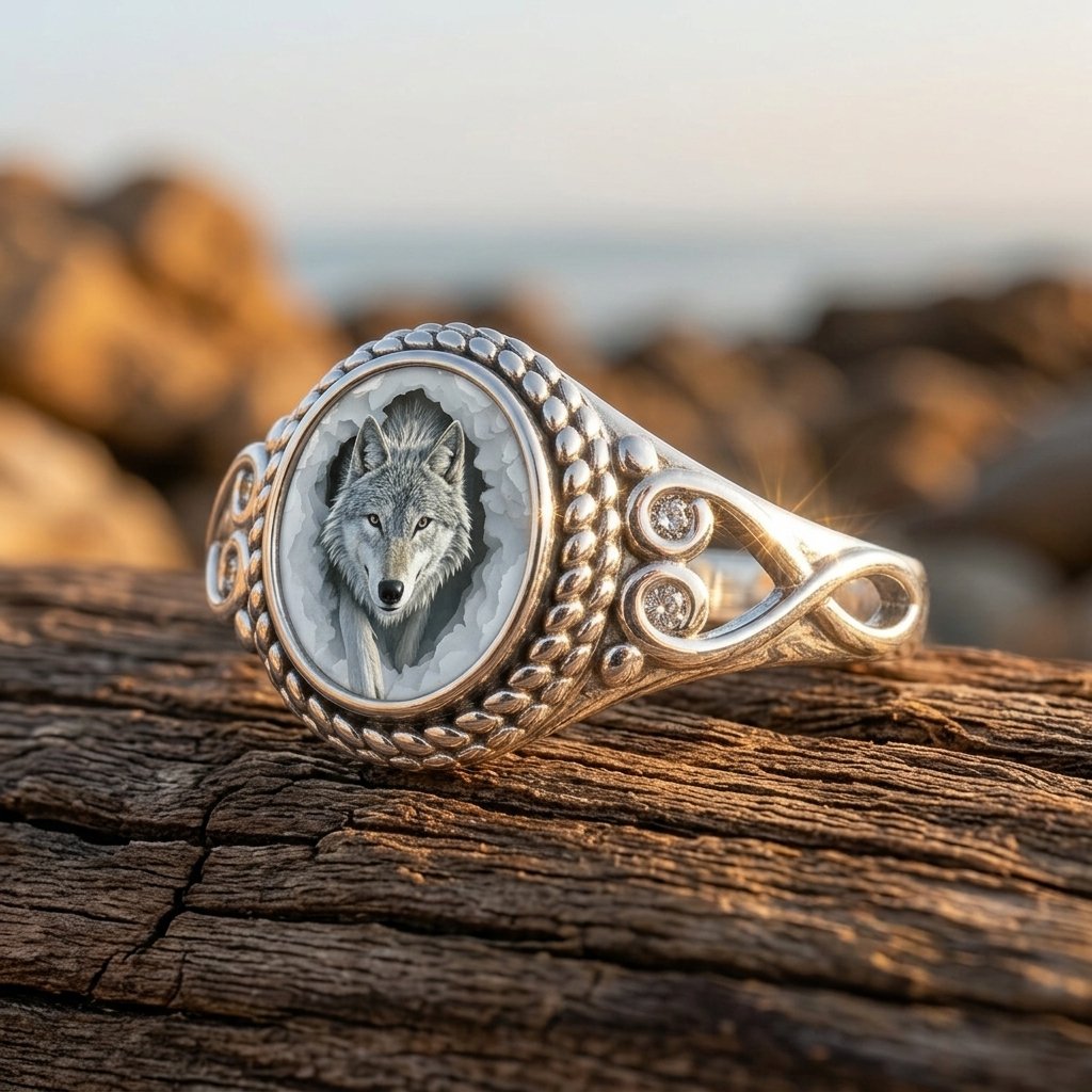 Vintage Silver Wolf Carved Texture Ring
