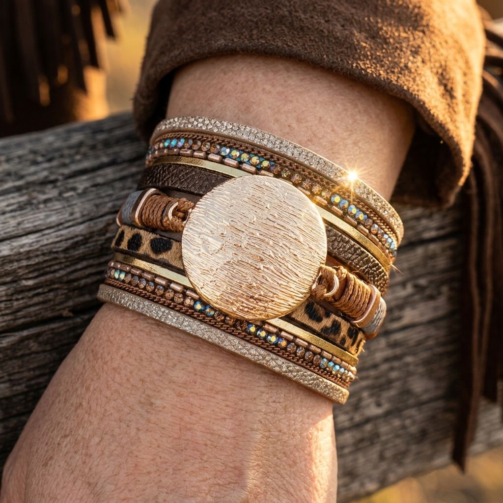 Vintage Gold Hammered Magnetic Leather Bracelet