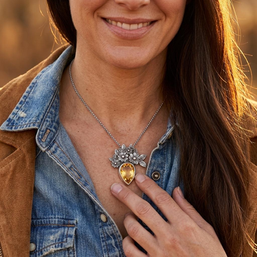 Retro Silver Filigree Flower Citrine Necklace