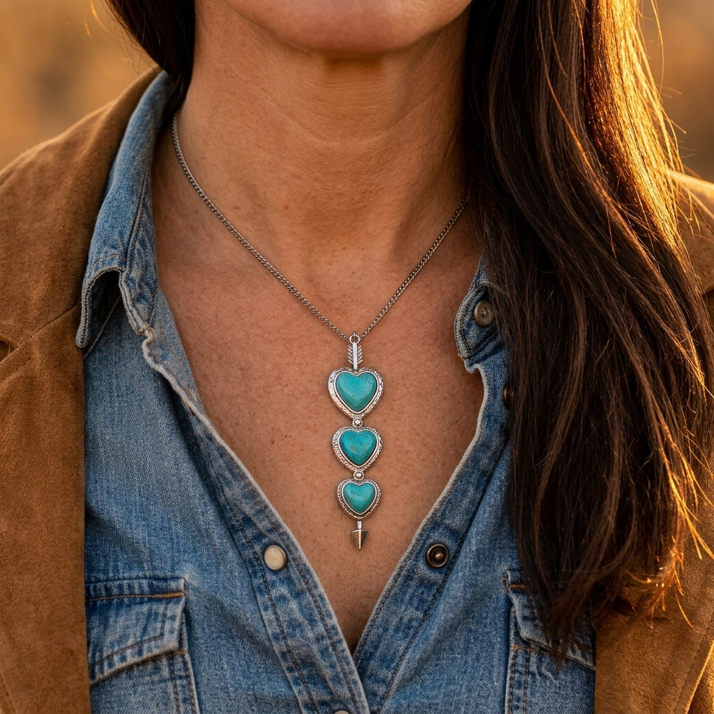 Western Style Silver Turquoise Heart Pendant Necklace