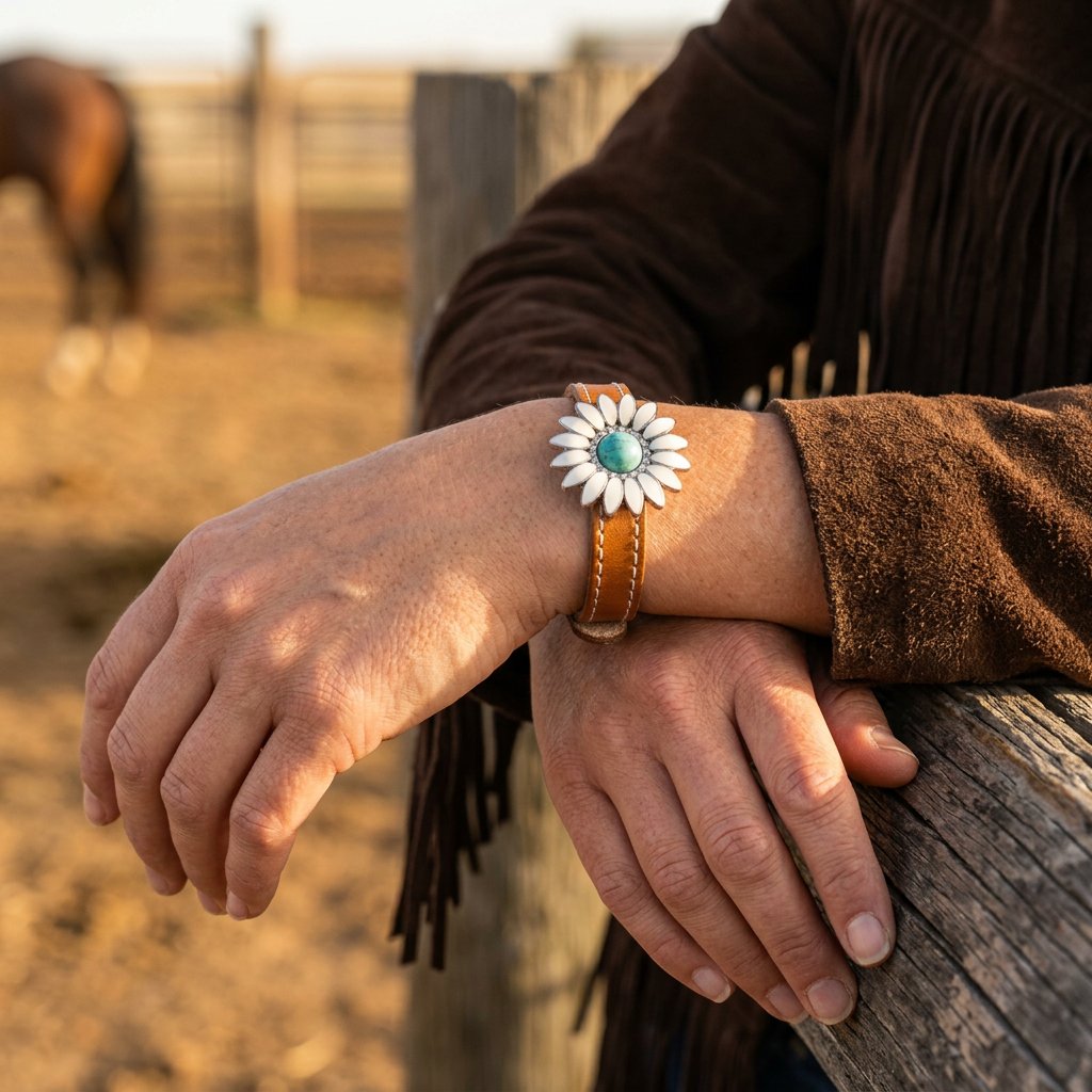 Boho Silver Daisy Turquoise Leather Bracelet