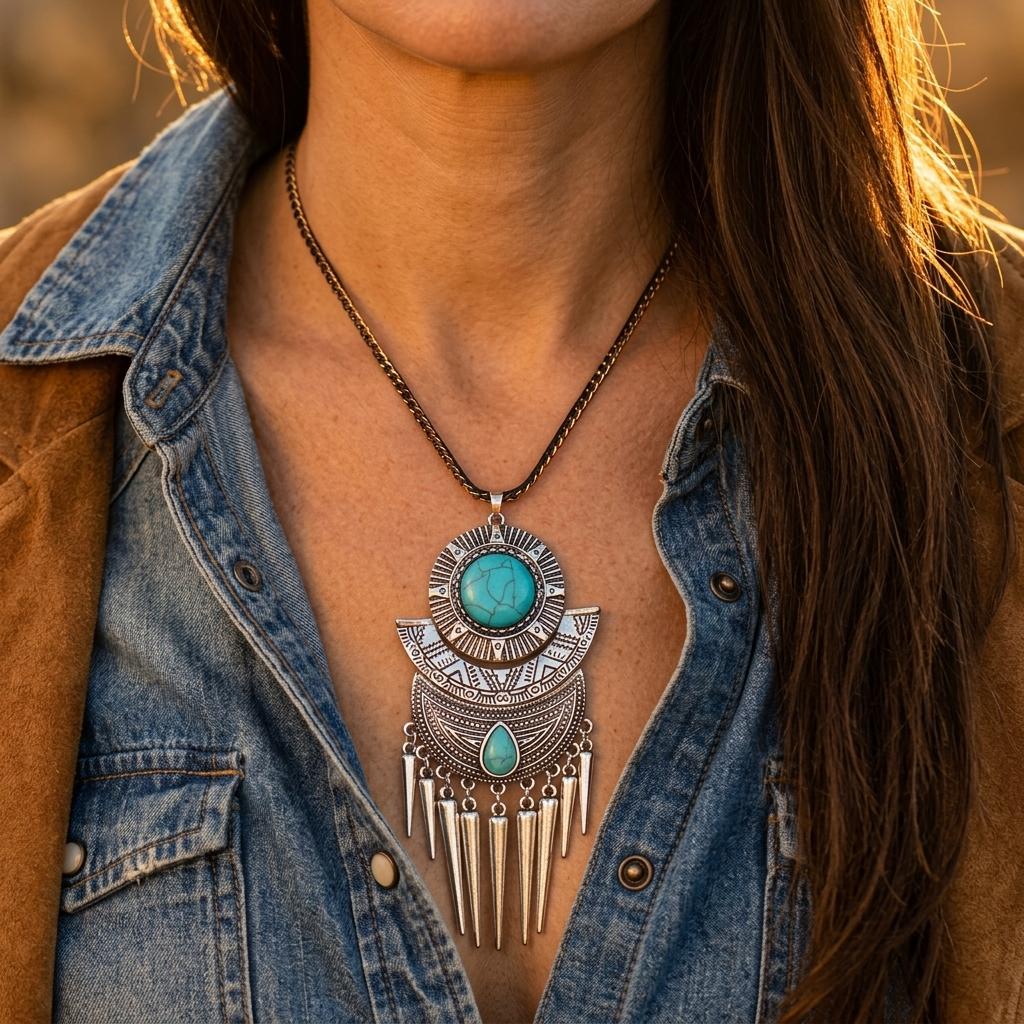 Boho Silver Turquoise Filigree Tassel Necklace