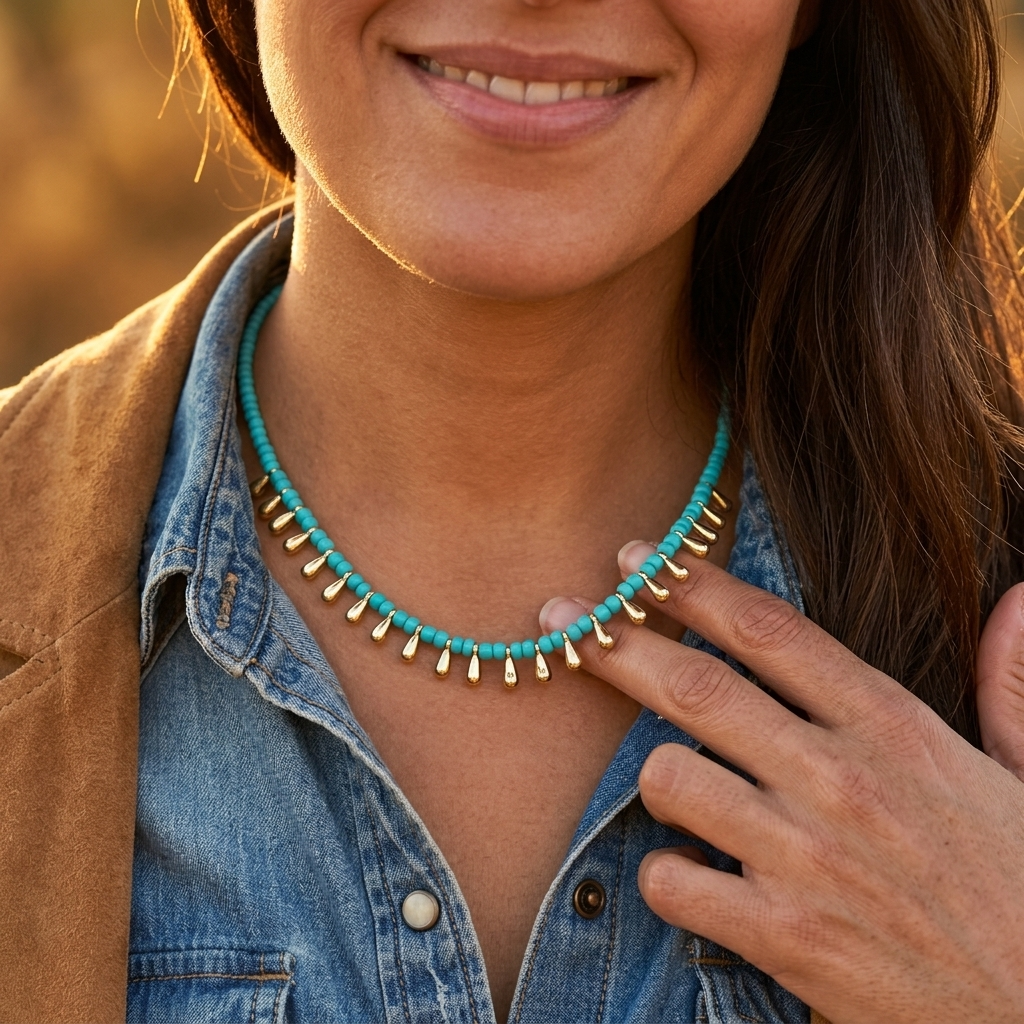 Bohemian Turquoise Gold Teardrop Beaded Necklace