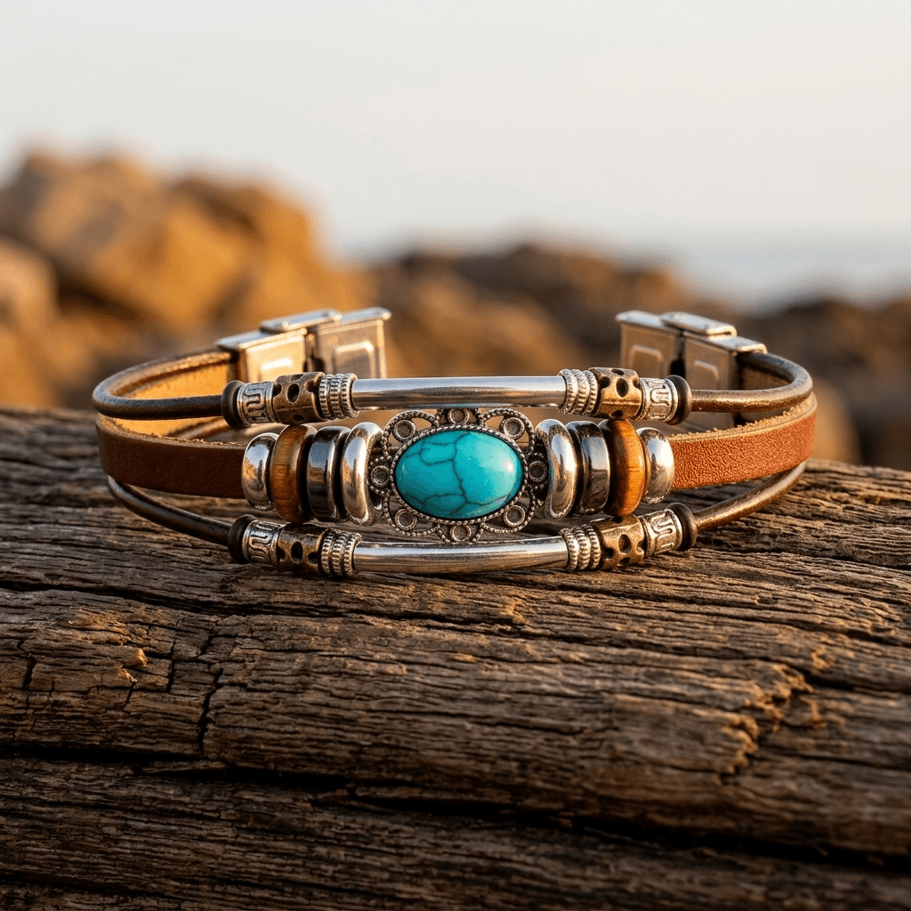 Vintage Turquoise Beaded Leather Bracelet