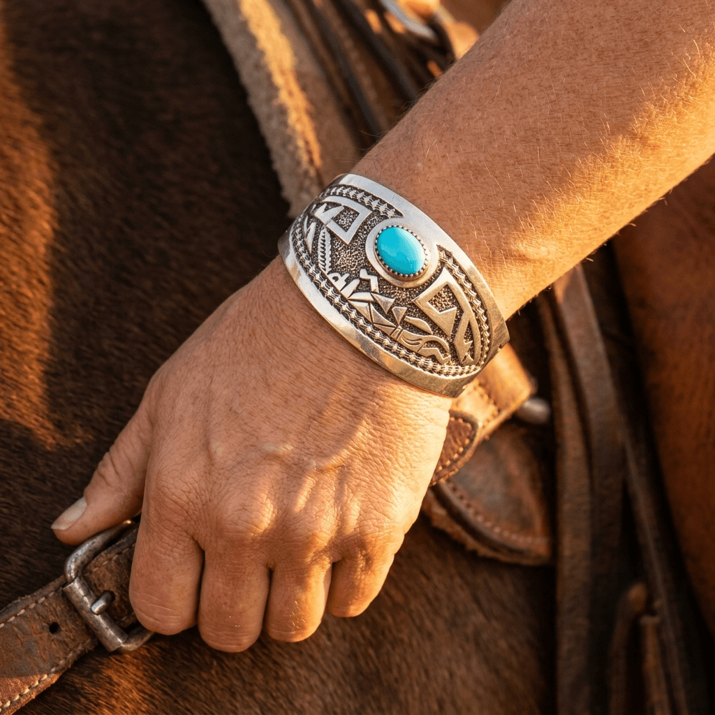 Western Turquoise Openwork Wide Metal Bracelet