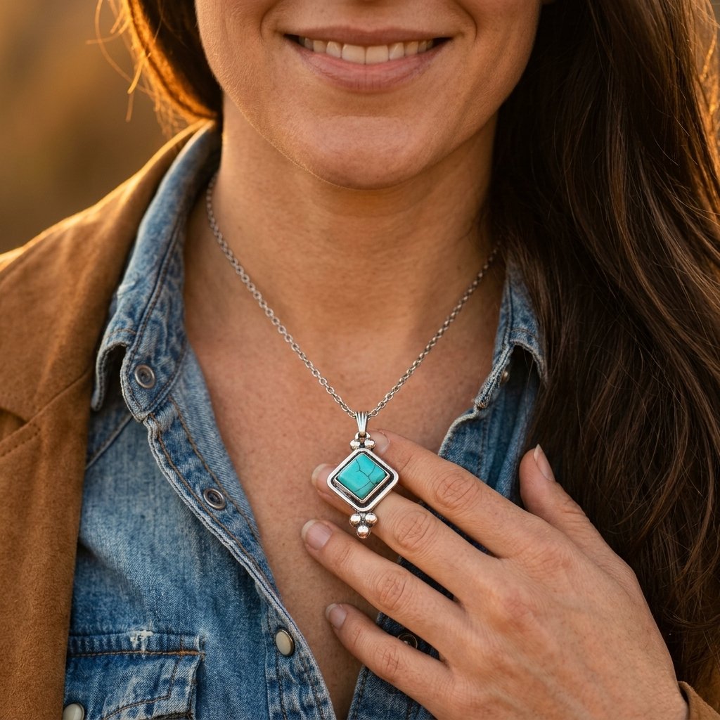Boho Silver Turquoise Square Necklace