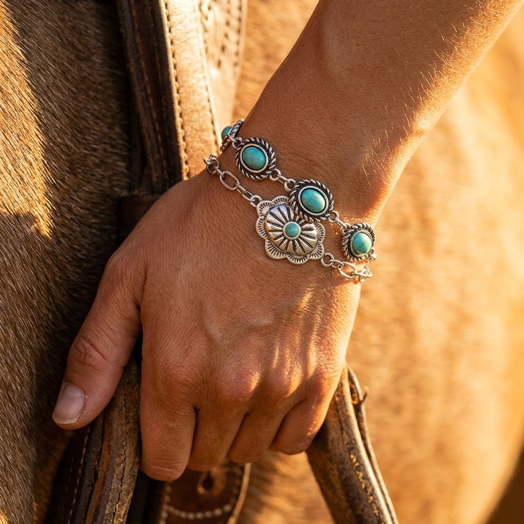 Boho Silver Turquoise Flower Bracelet Set