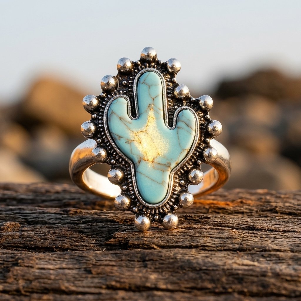 Boho Silver Turquoise Cactus Ring