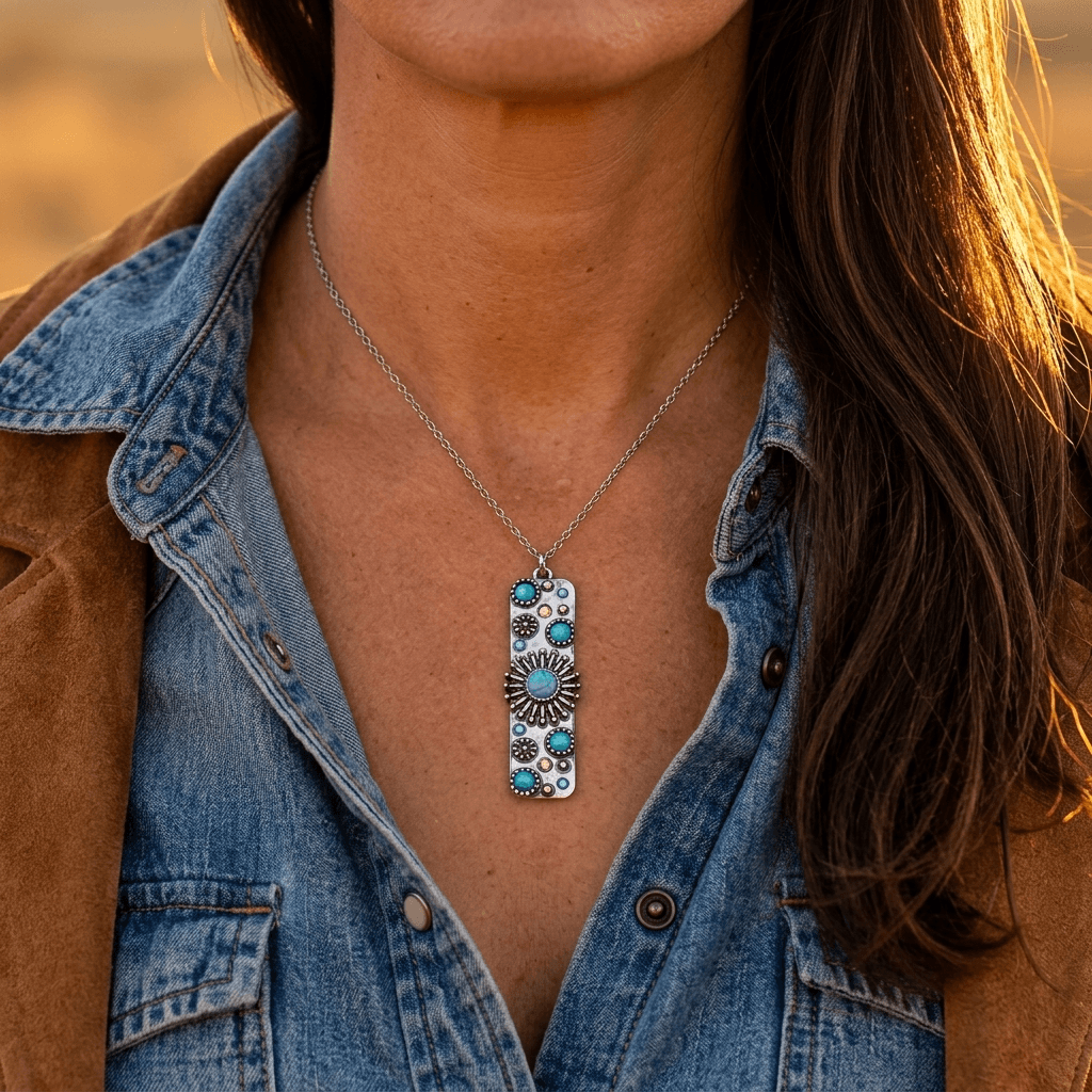 Bohemian Turquoise Sunflower Rectangle Silver Necklace