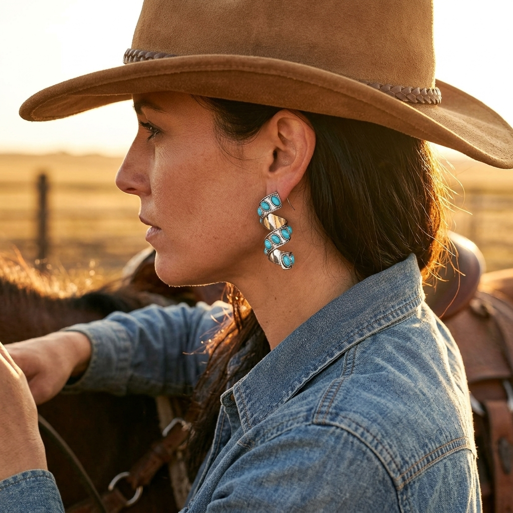 Western Turquoise Silver Spiral Drop Earrings