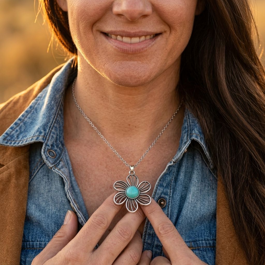 Boho Silver Floral Cutout Turquoise Jewelry Set