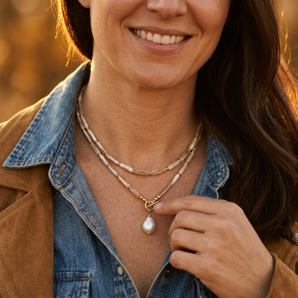 Bohemian Gold Tube Bead Pearl Drop Necklace