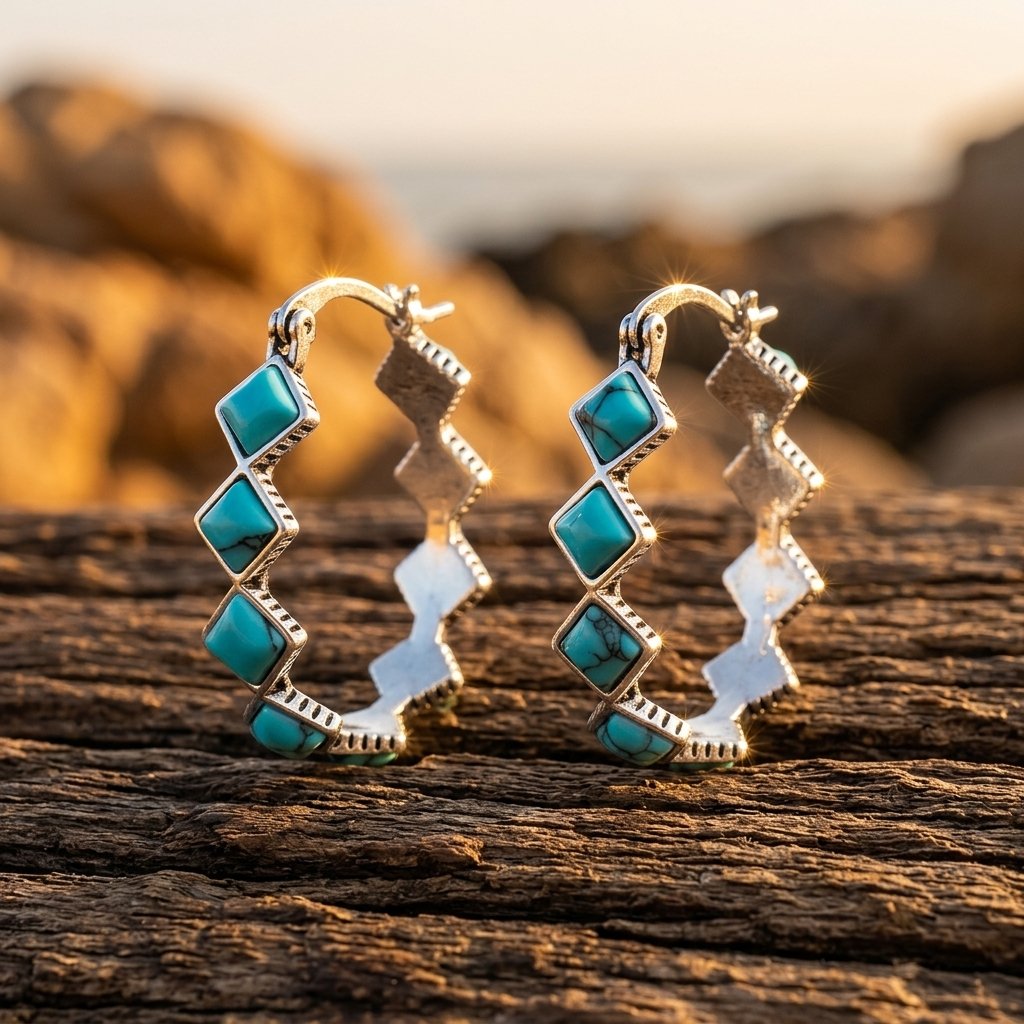 Boho Silver Turquoise Diamond  Shape Hoop Earrings