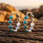 Boho Silver Turquoise Diamond  Shape Hoop Earrings