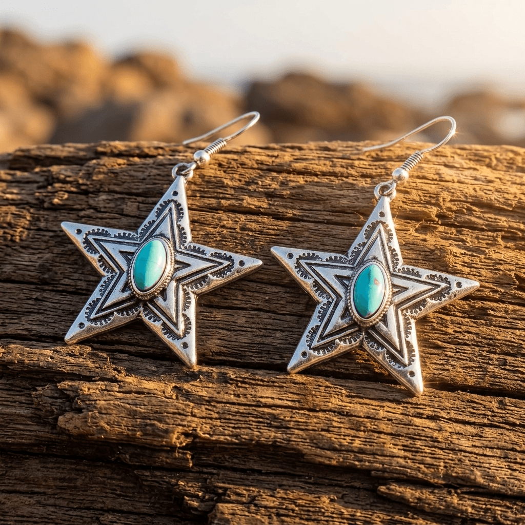 Vintage Lace Pentagram Turquoise Drop Earrings