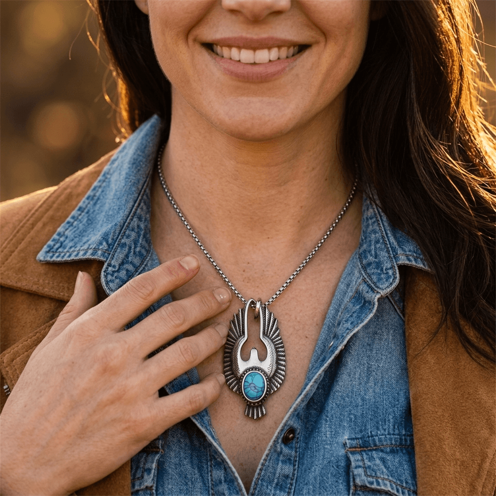 Silver Turquoise Eagle Wing Pendant Necklace