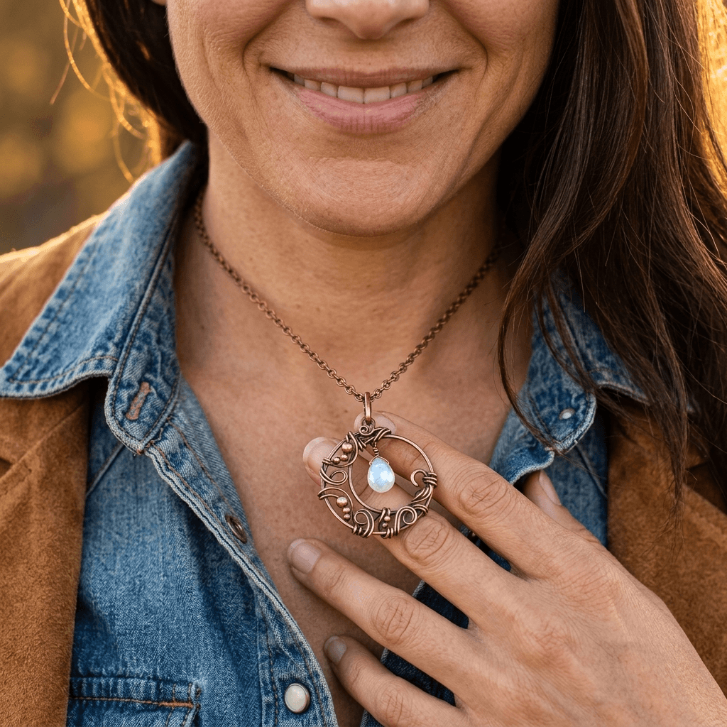 Red Copper Wire Wrapped Moon Pendant Necklace