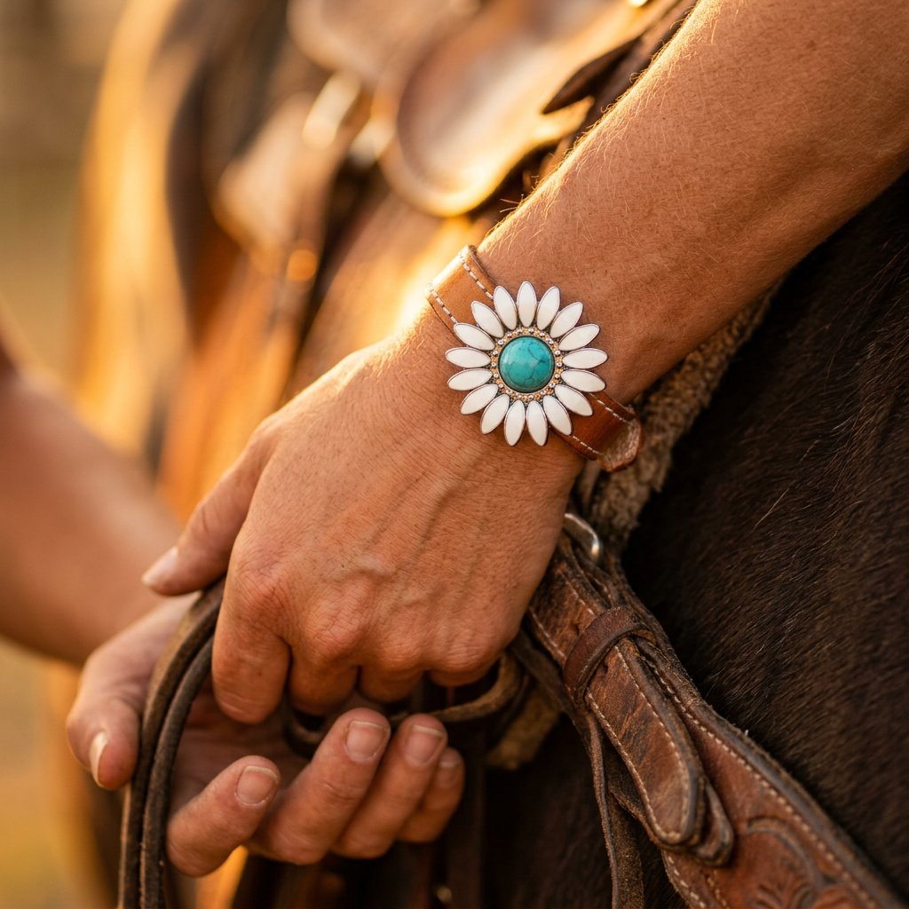 Boho Silver Daisy Turquoise Leather Bracelet