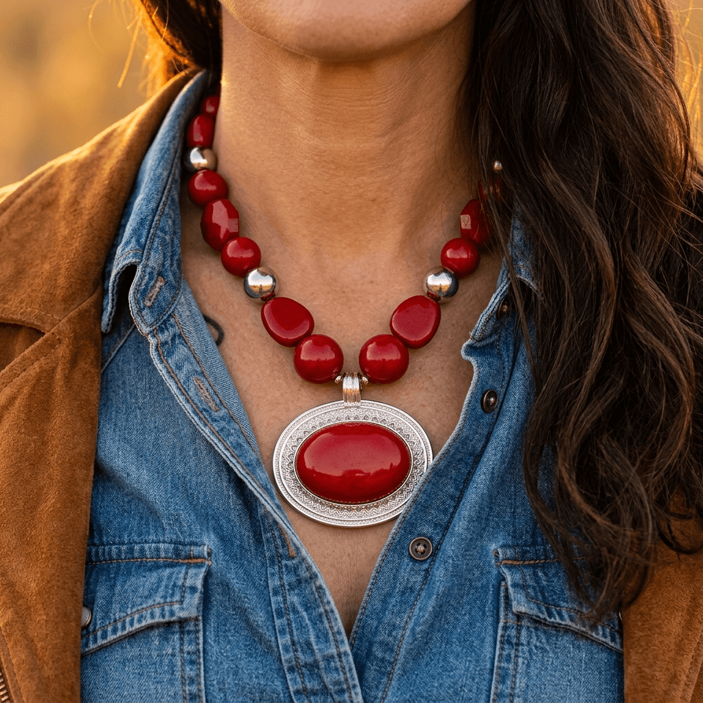 Unique Red Bead Punk Pendant Necklace