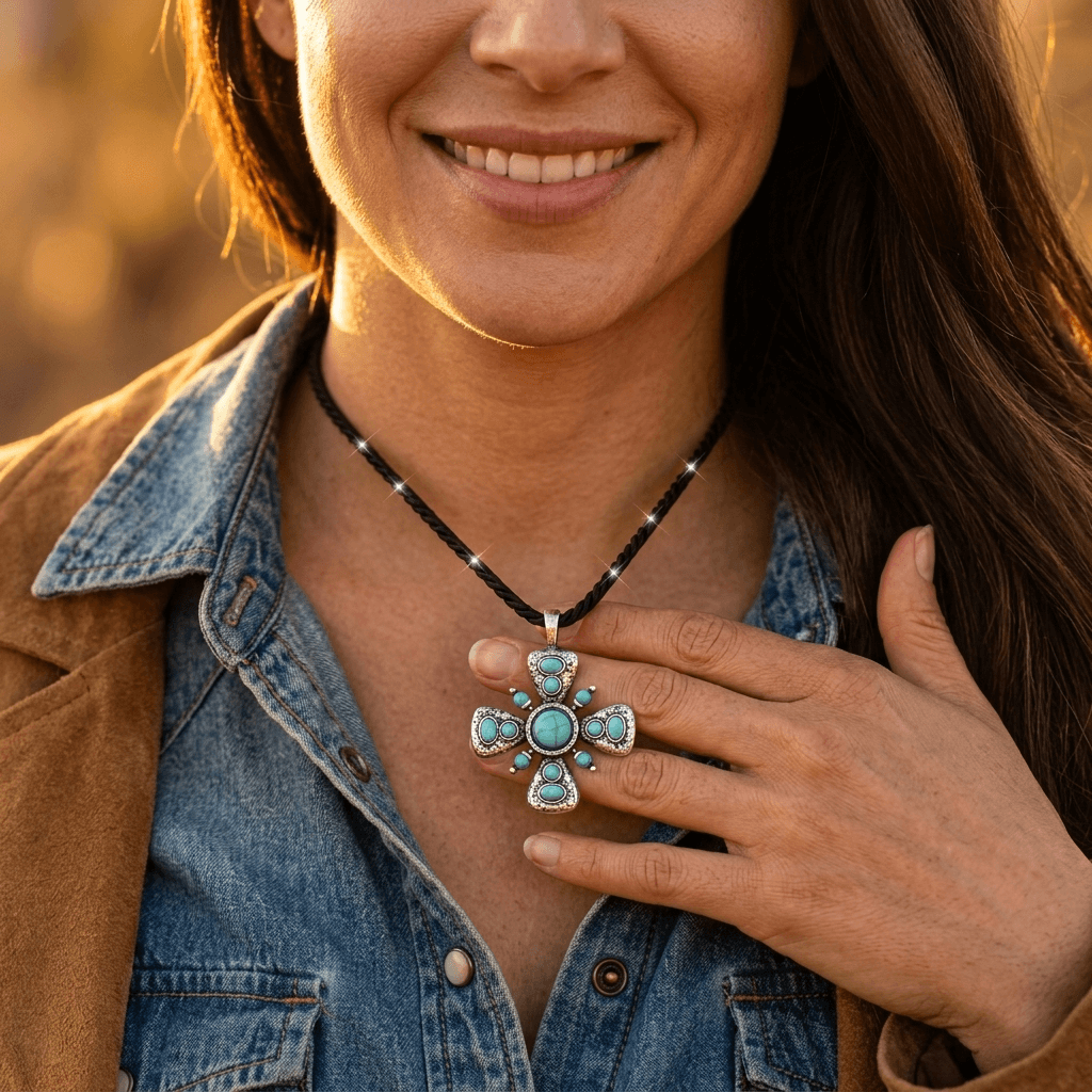 Vintage Bohemian Turquoise Cross Pendant Necklace