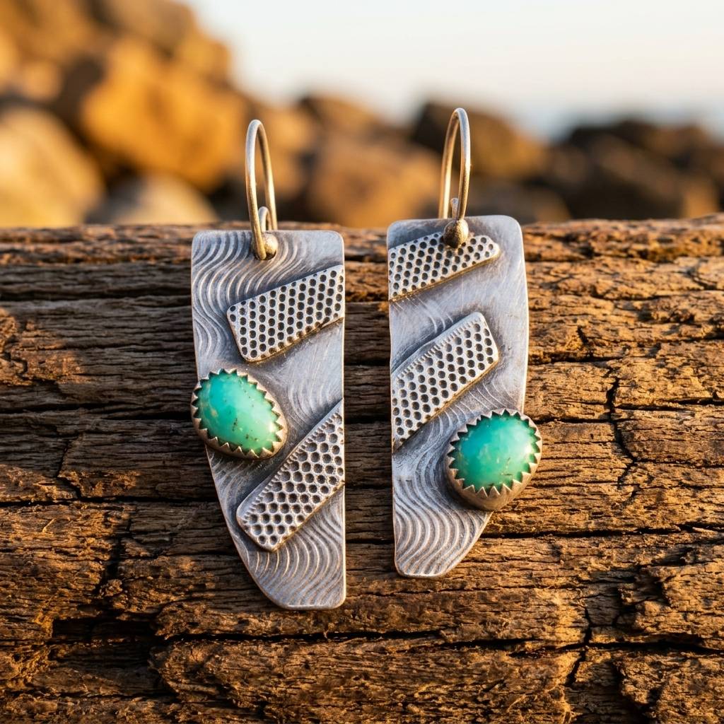 Boho Silver Turquoise Textured Rectangle Earrings