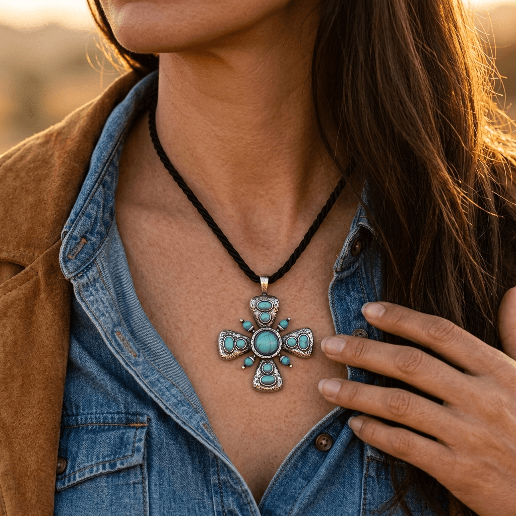 Vintage Bohemian Turquoise Cross Pendant Necklace
