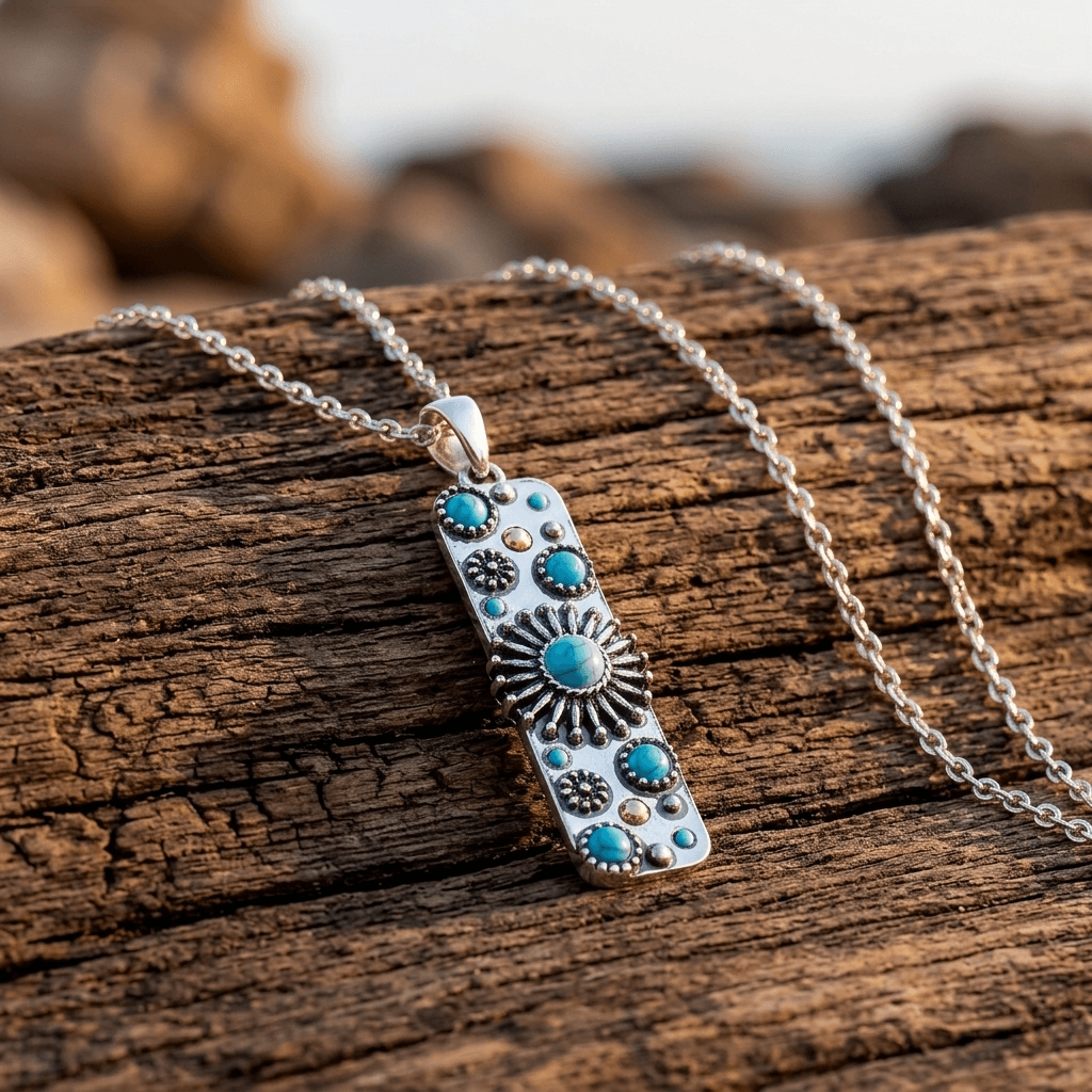 Bohemian Turquoise Sunflower Rectangle Silver Necklace