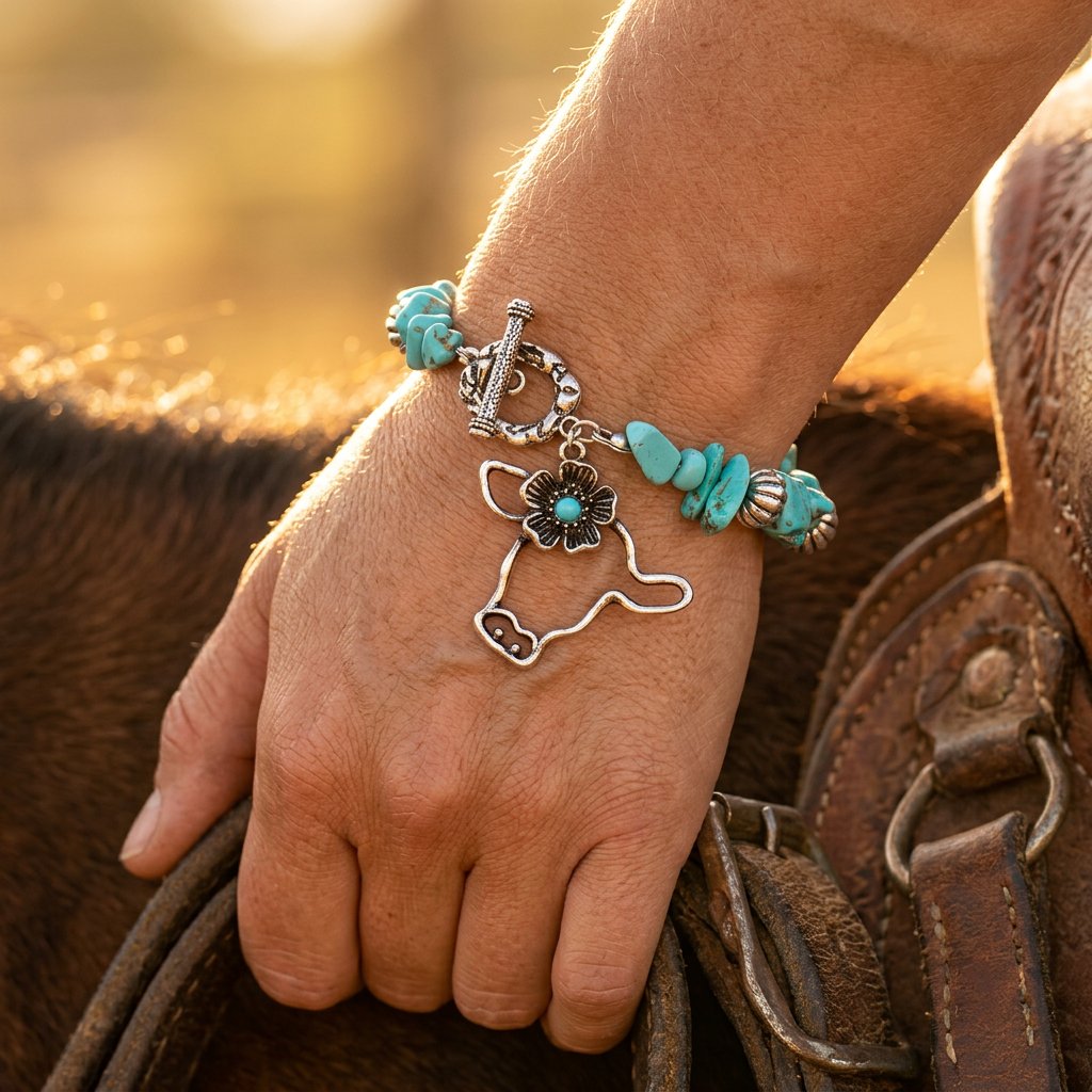 Boho Silver Turquoise Cow Charm Bracelet