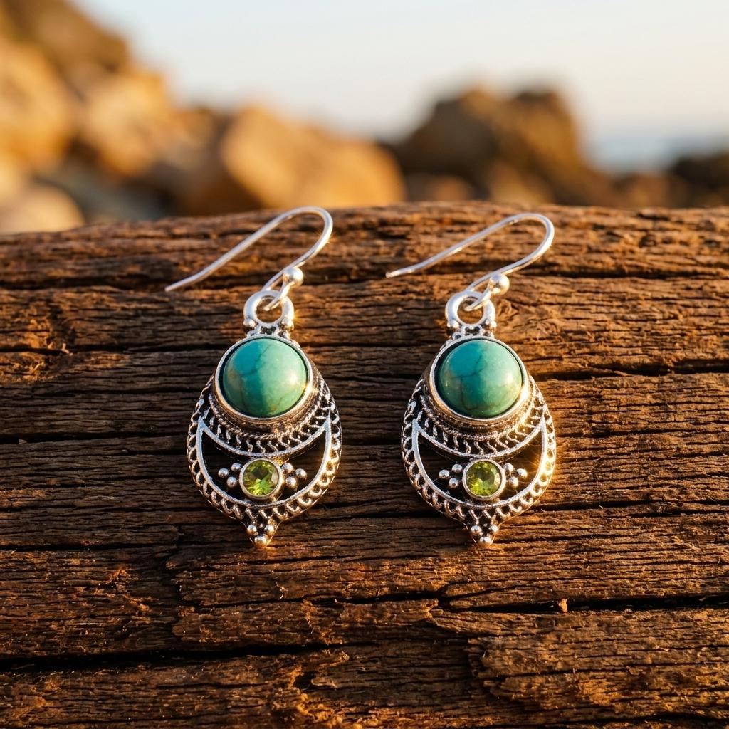 Boho Silver Turquoise Peridot Filigree Earrings