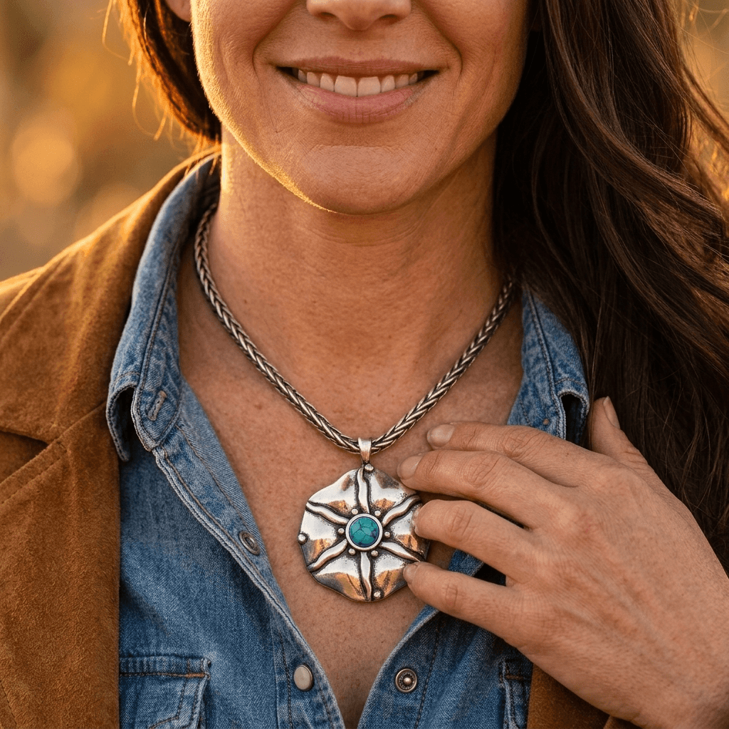 Turquoise Compass Necklace, Hammered Disc