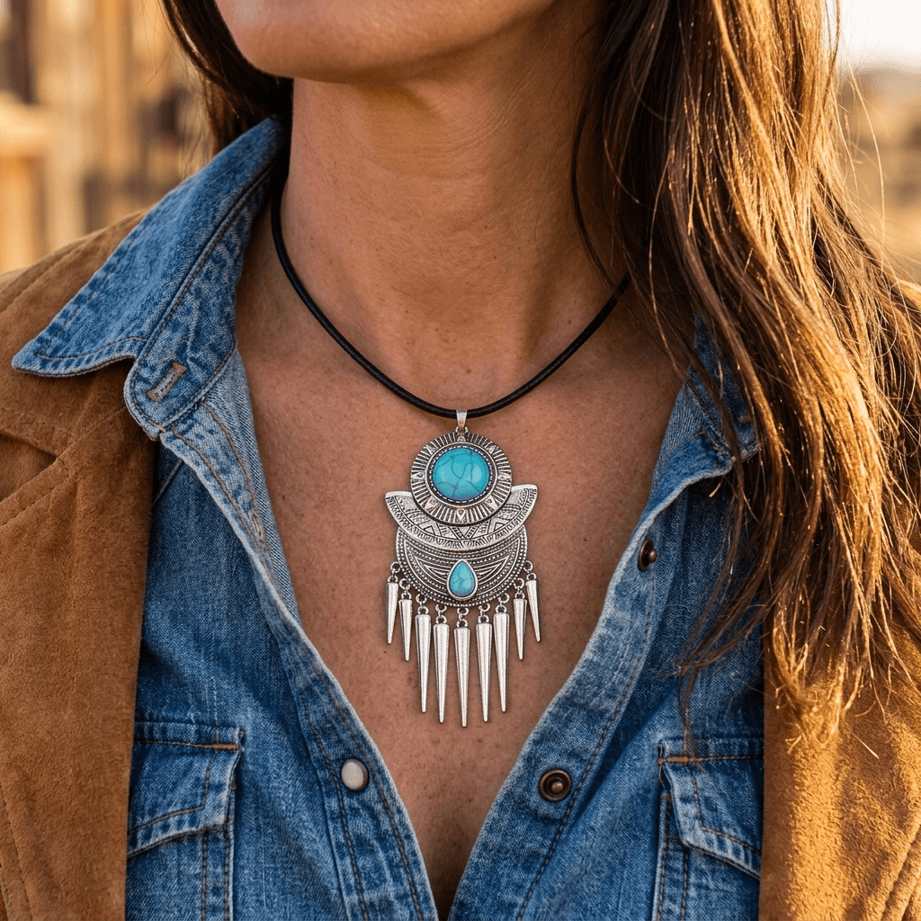 Bohemian Silver Turquoise Tassel Spike Necklace