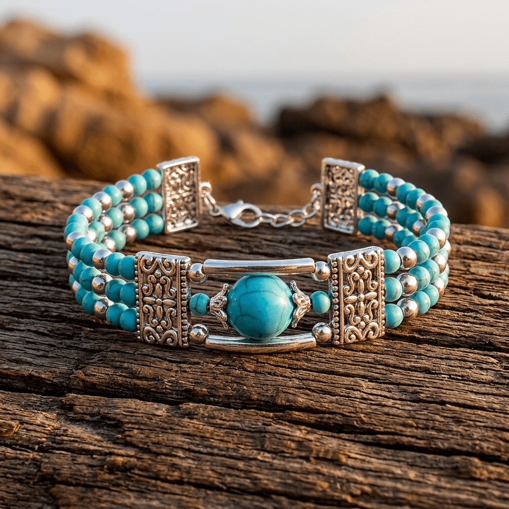 Turquoise Beaded Silver Ornate Bracelet