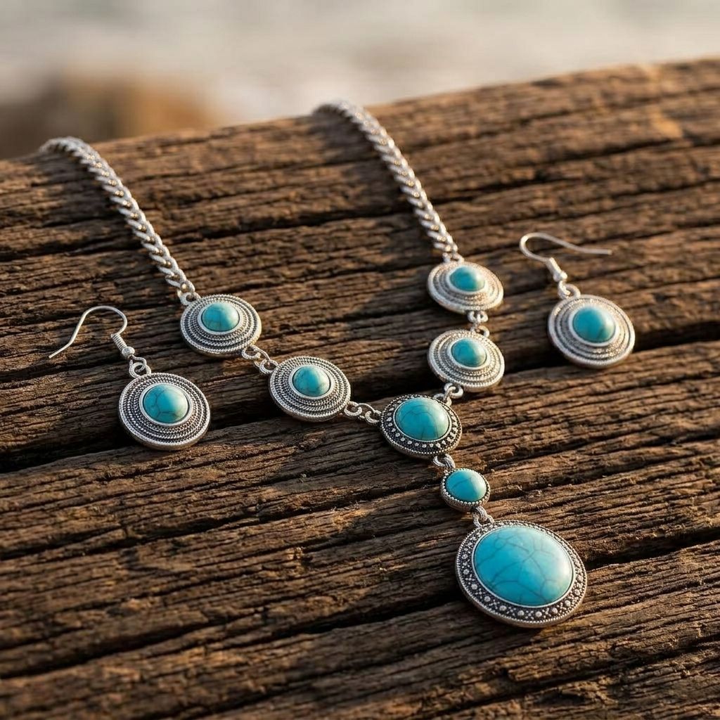 Vintage Bohemian Geometric Alloy Pendant Necklace Earrings Set