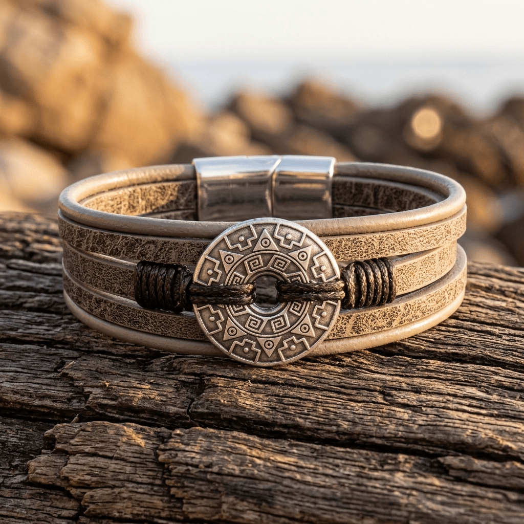 Ethnic Style Tan Leather Medallion Bracelet