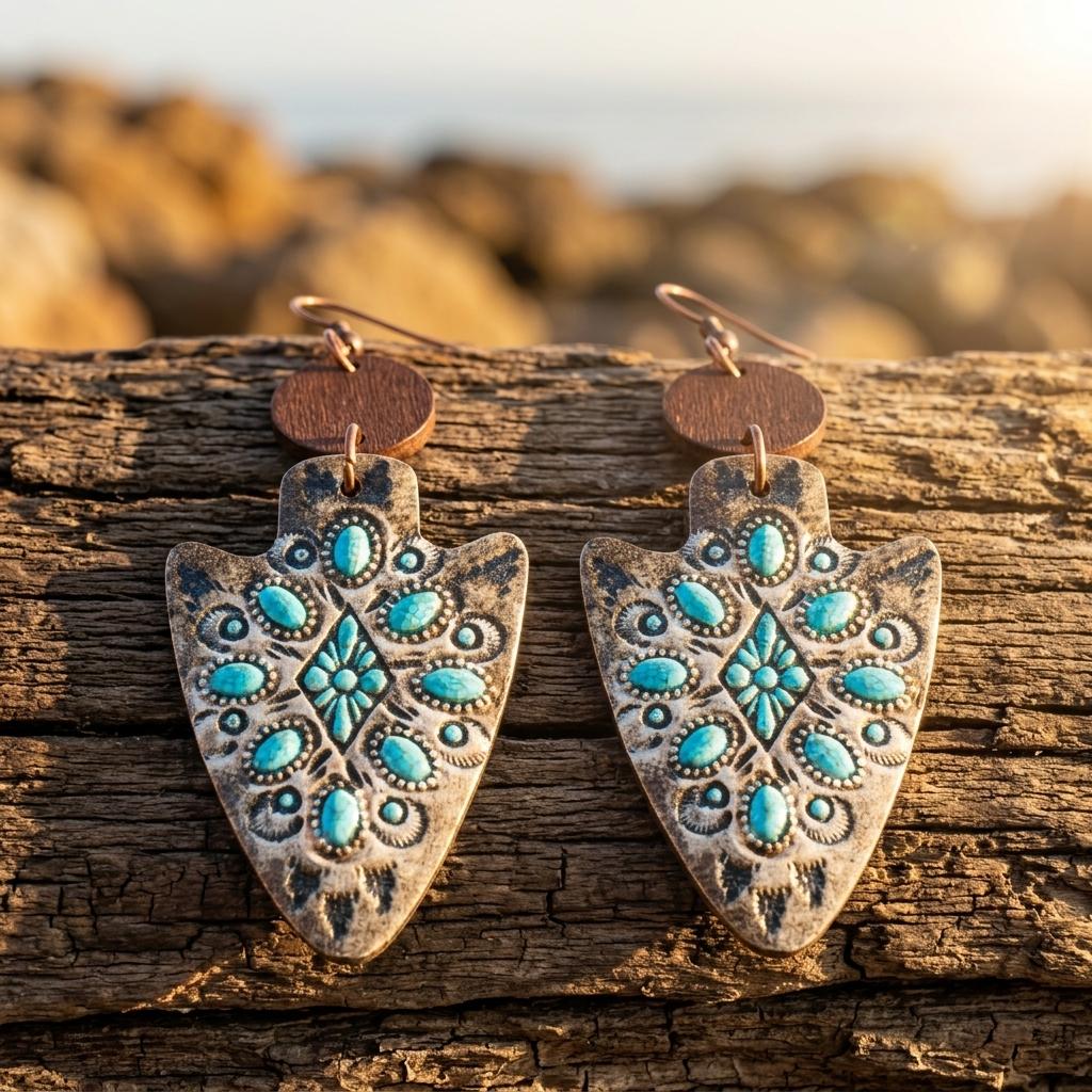 Boho Copper Turquoise Inlay Shield Earrings