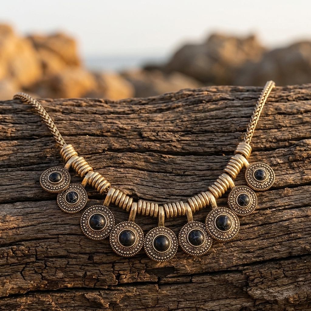 Vintage Gold Filigree Black Onyx Necklace