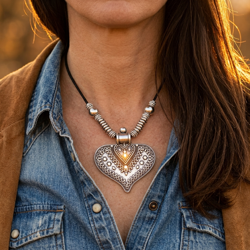 Bohemian Silver Embossed Heart Pendant Necklace