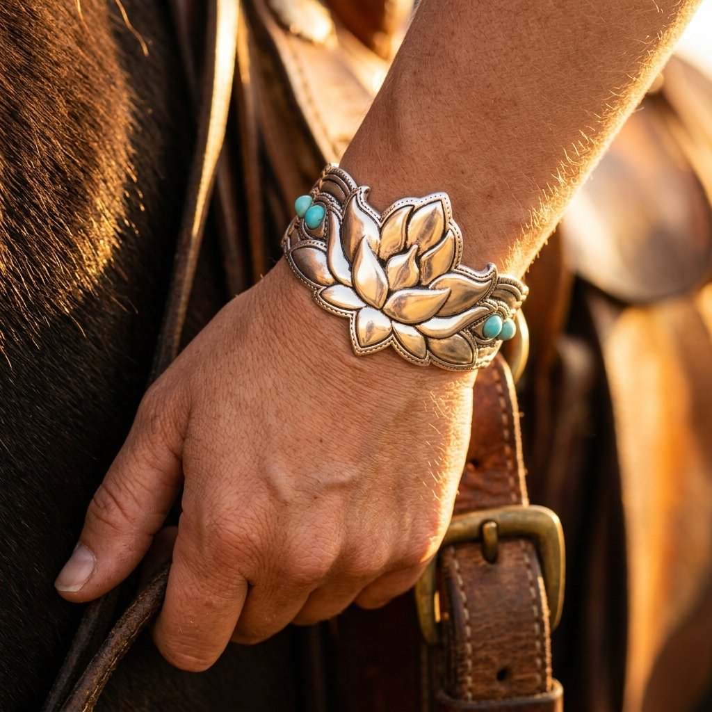 Boho Silver Lotus Turquoise Cuff Bracelet
