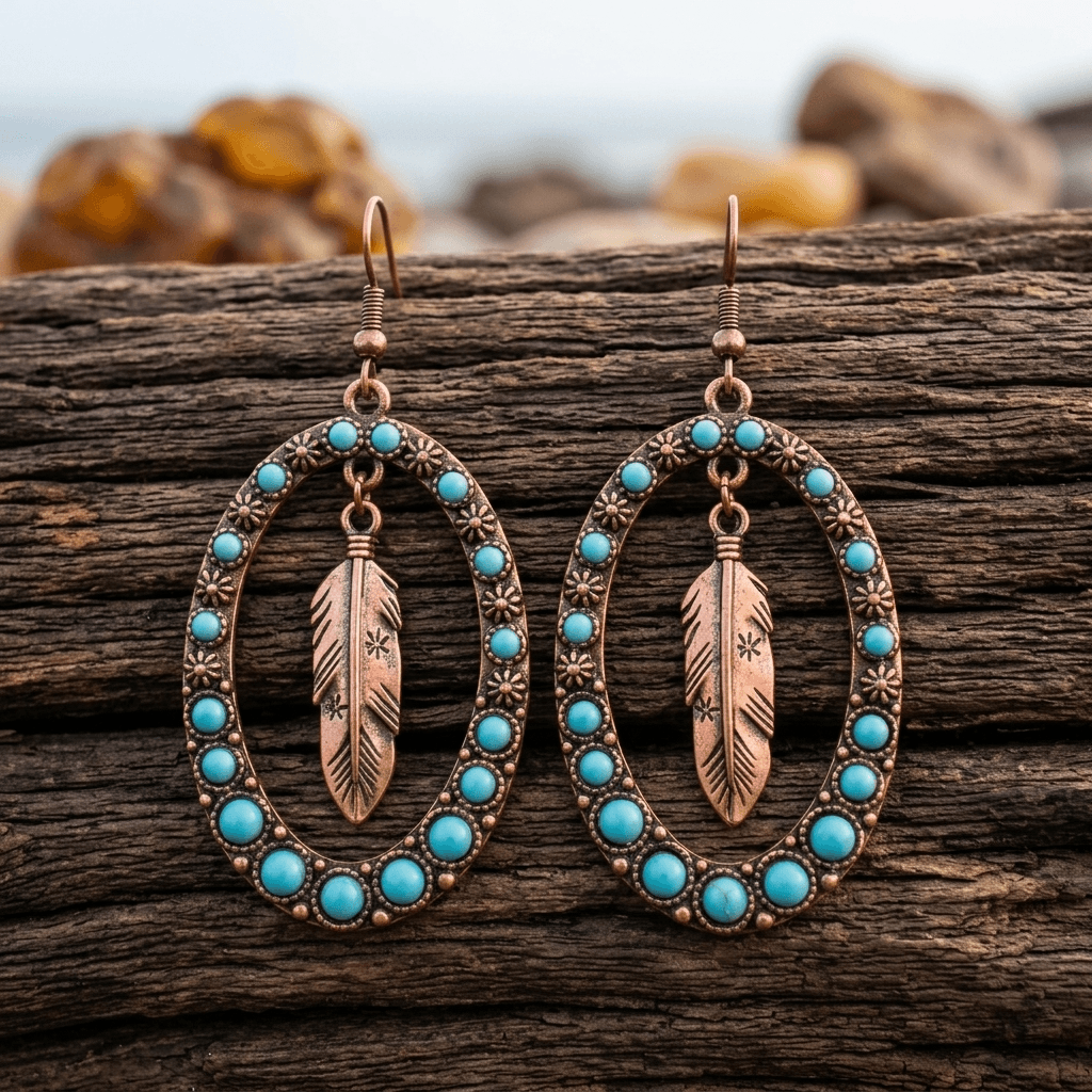 Western Turquoise Feather Dangle Earrings