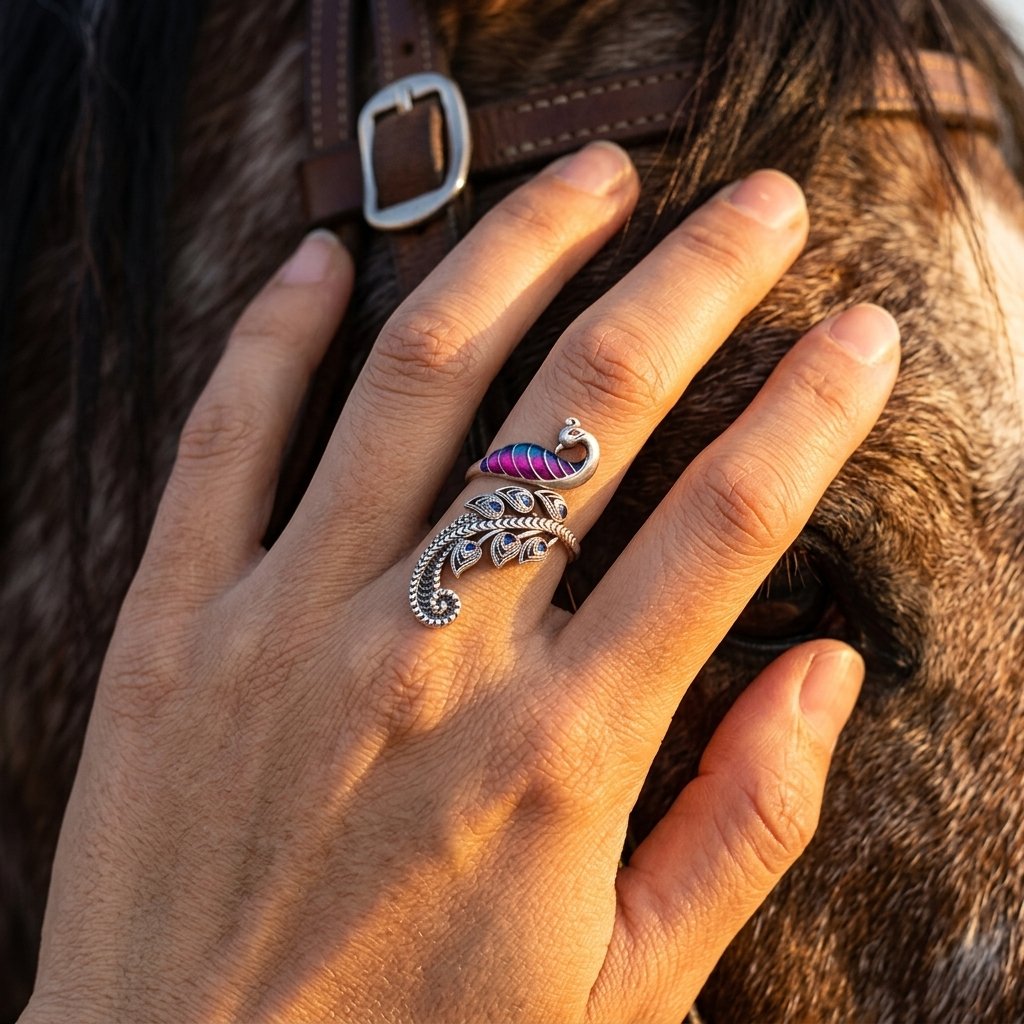 Vintage Silver Purple Peacock Filigree Ring