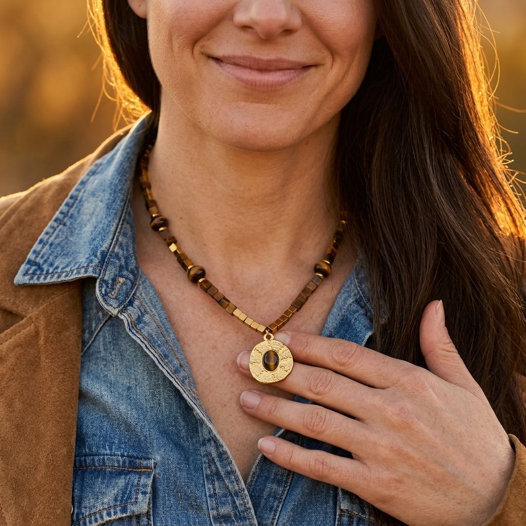 Boho Retro Gold Tiger Eye Round Pendant Necklace