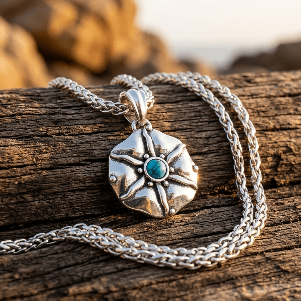 Turquoise Compass Necklace, Hammered Disc