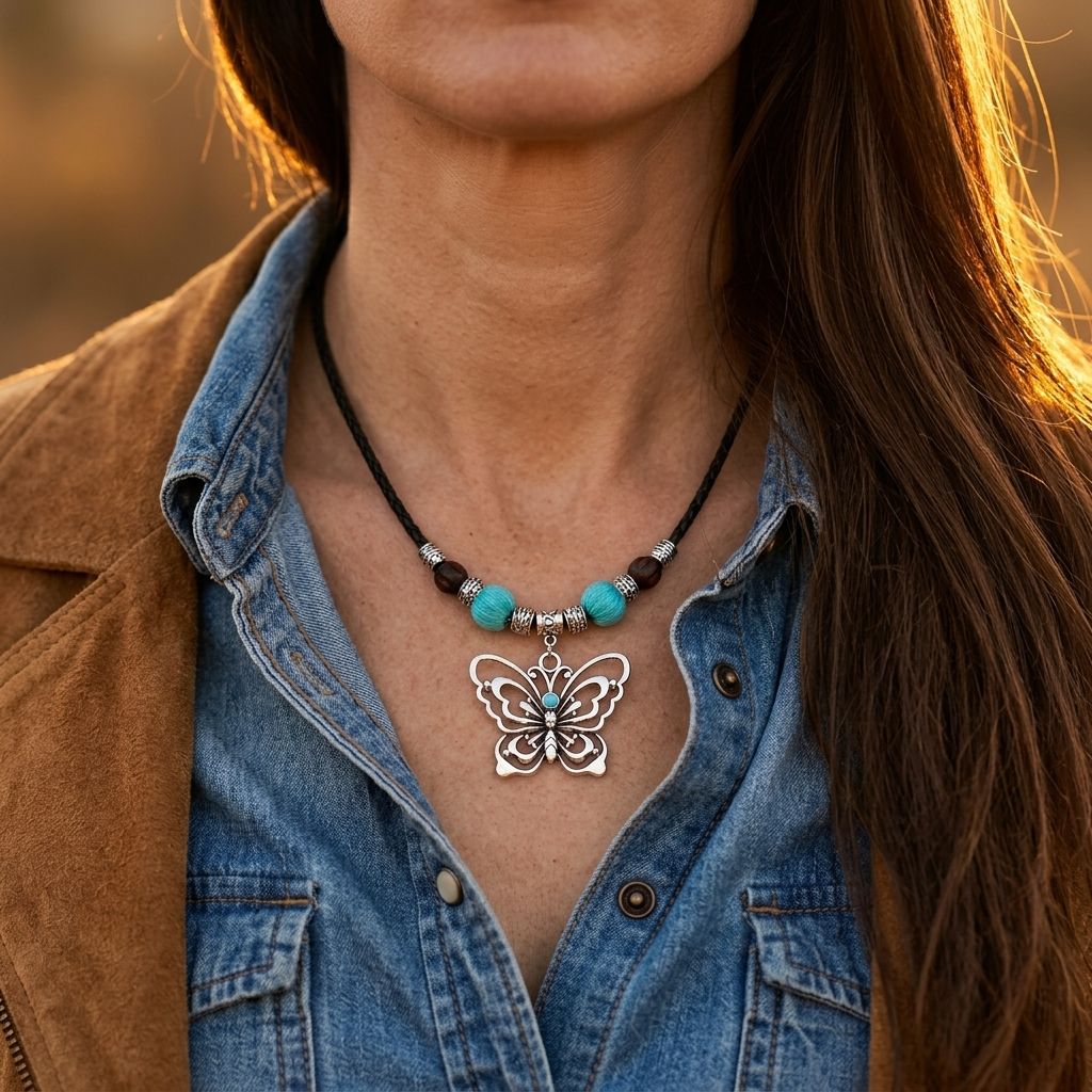 Boho Silver Turquoise Butterfly Necklace