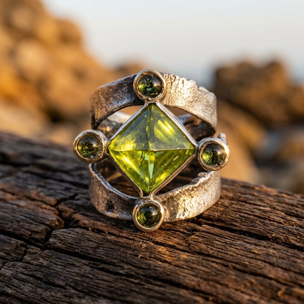 Vintage Gold Hammered Peridot Square Ring