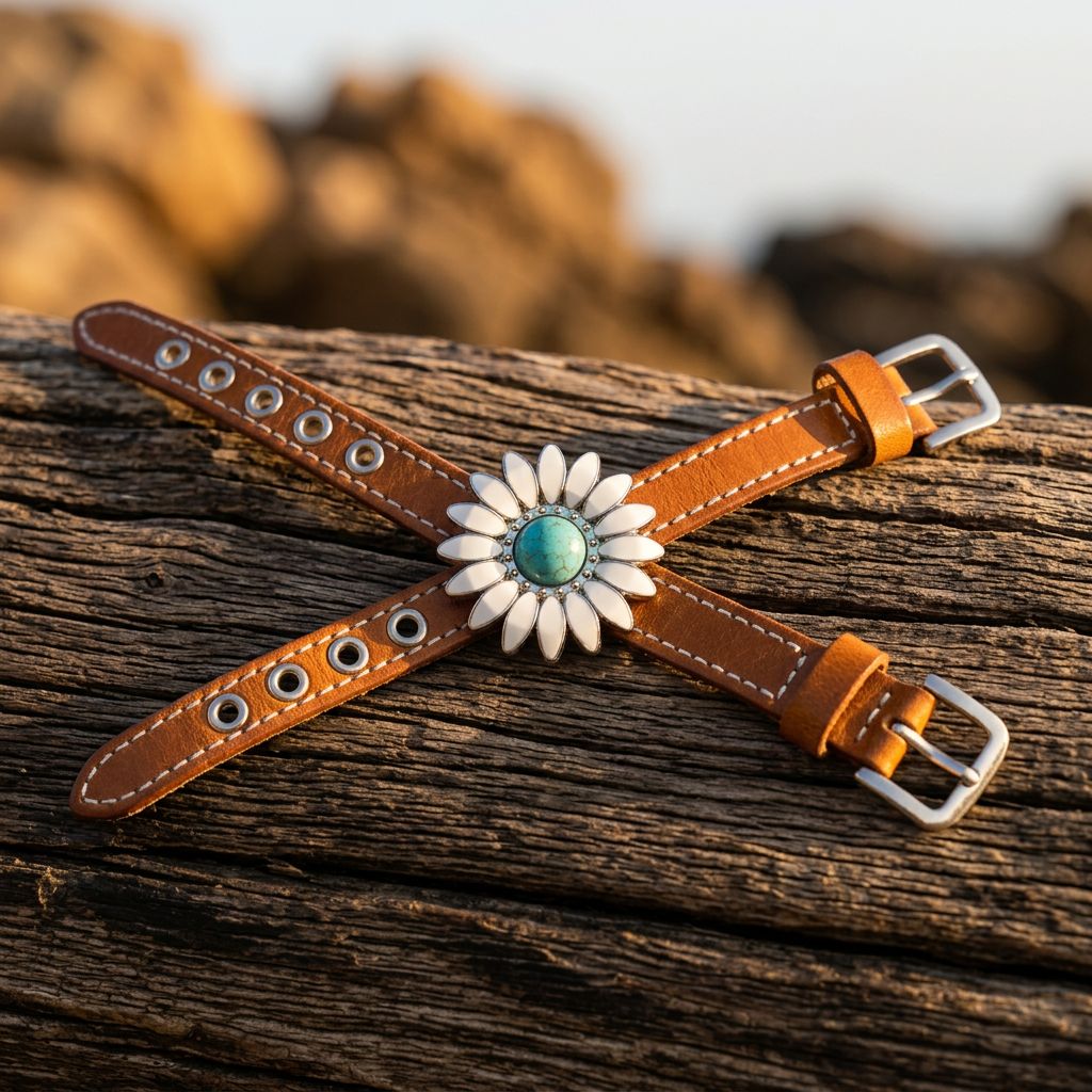 Boho Silver Daisy Turquoise Leather Bracelet
