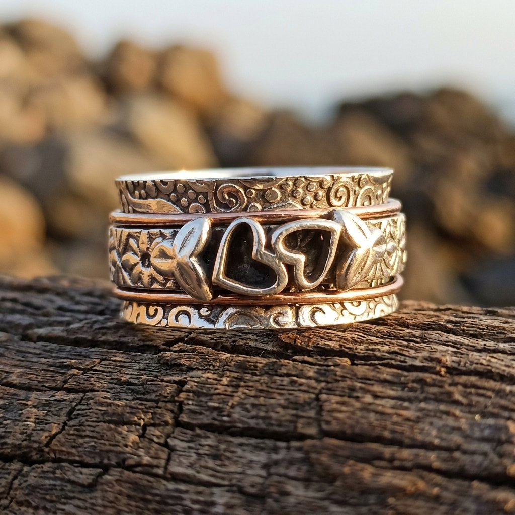 Boho Silver Floral Engraved Heart Spinner Ring