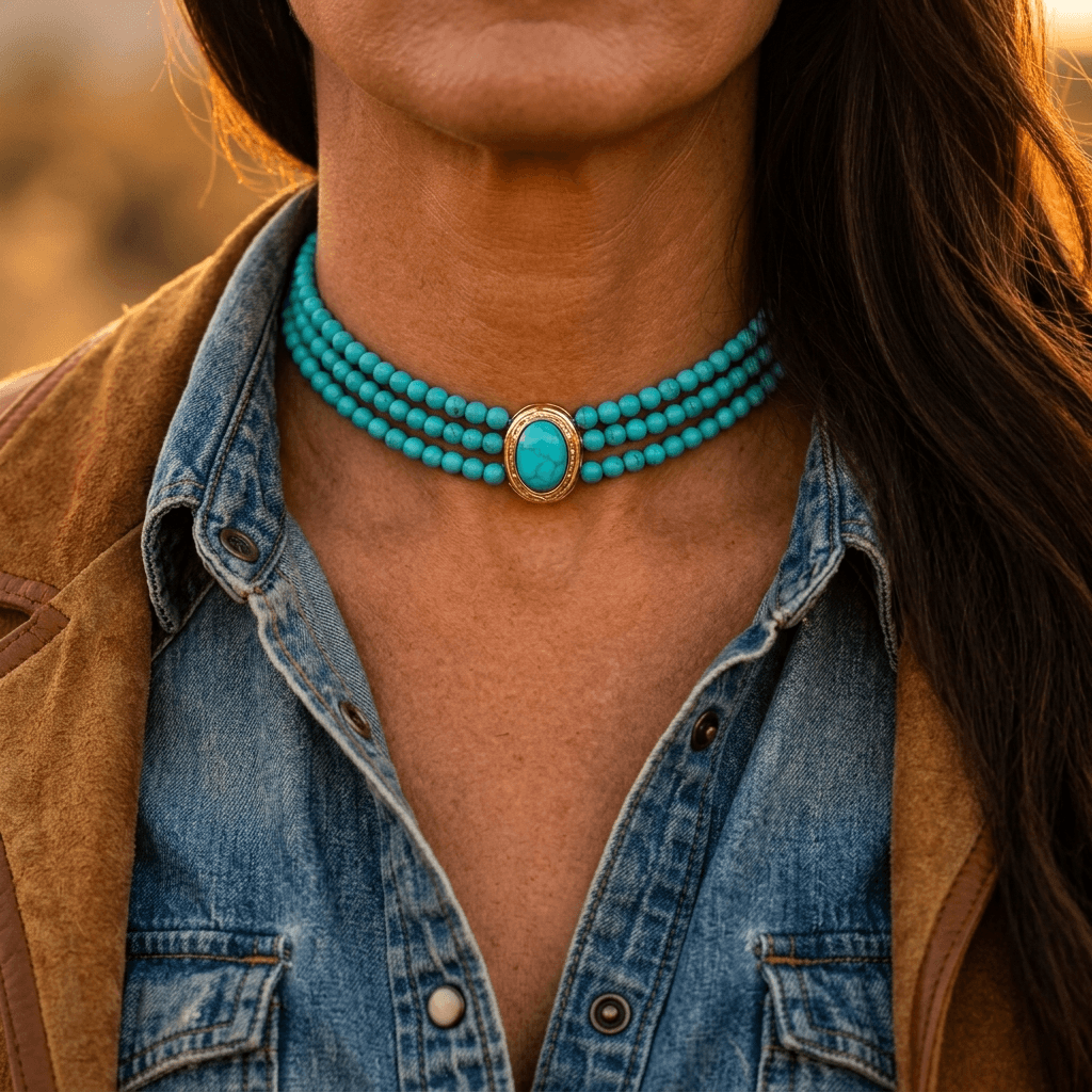 Elegant Turquoise Beaded Gold Oval Necklace